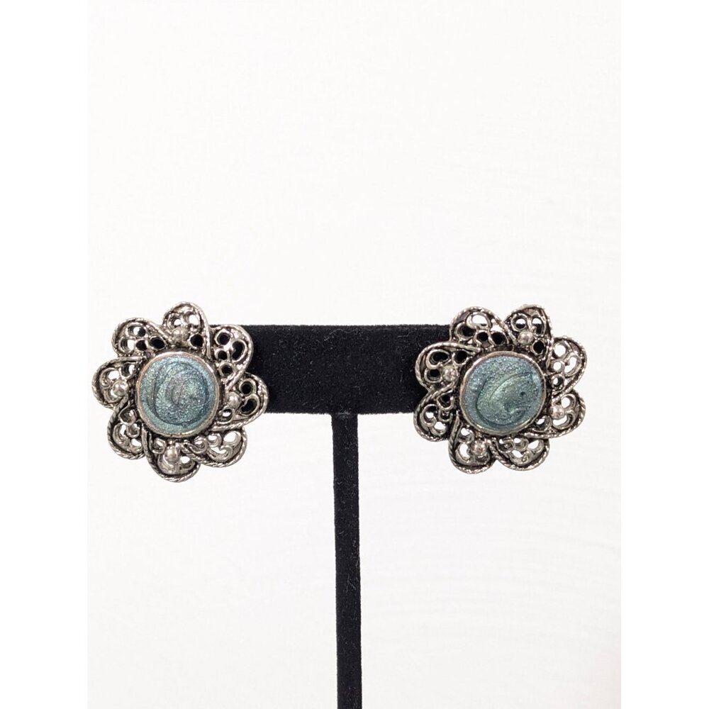 Silver Tone Green Swirl Enamel Flower Open‎ Metal Work Earrings Pierced Retro